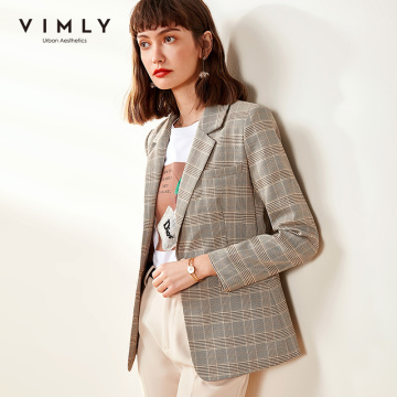Vimly Office Lady Blazer Elegant Plaid Stripe Turn Down Collar Single Button Slim Vintage Female Jackets F0327