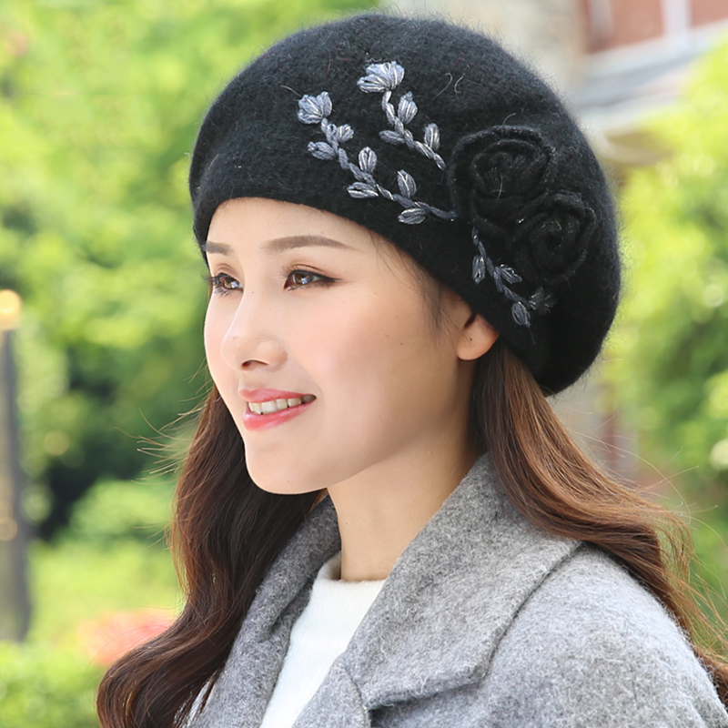 Angora Beret Women Winter Beanie Knit Warm Flower Double Layers Soft Thick Thermal Snow Skiing Outdoor Accessory For Female