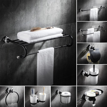 Crystal Bathroom Accessories Set Towel Rack Holder Solid Brass Towel Ring Wall Soap Dispenser Black Toilet Brush Holder Hook