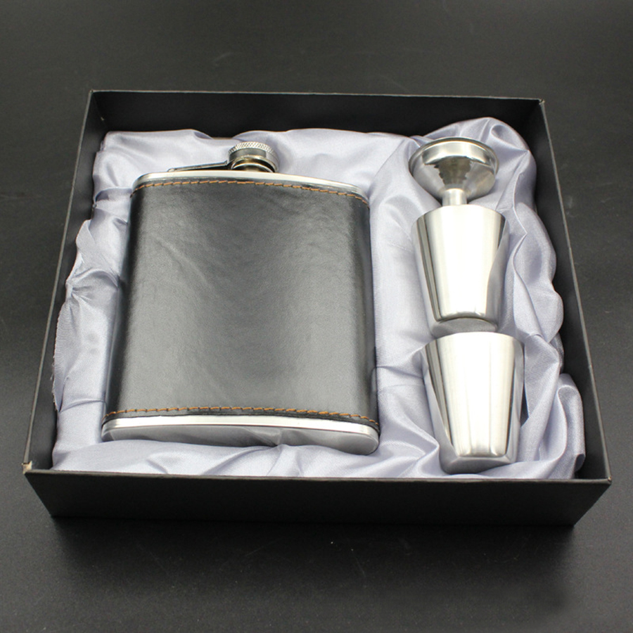 Gift For Men 1 Set 7 Oz Black Stainless Steel Hip Flask Leather Wrapped With 1 Funnel 2 Cups Pocket Wine Bottle Hip Flask