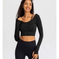 Women Long Sleeve Workout Fitness Crop Top Tight Sport Gym Yoga Shirts With Chest Pad Running Clothing