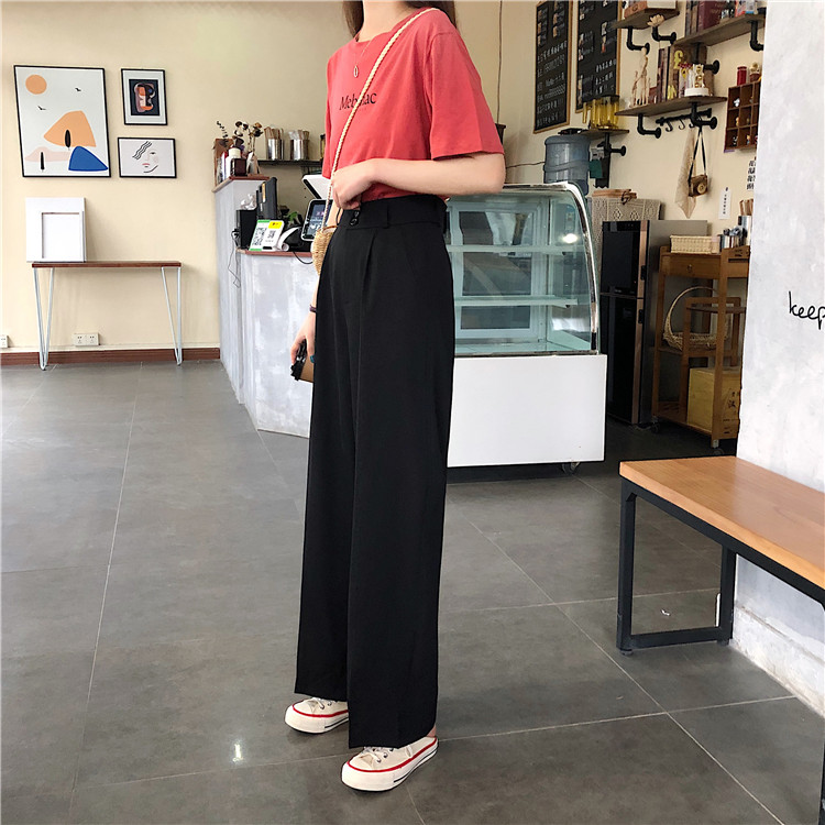 Women Wide Leg Pants 2020 Summer Thin Fabric High Waist Pockets Button Fly Long Trousers Casual Bottoms All Match B06810K