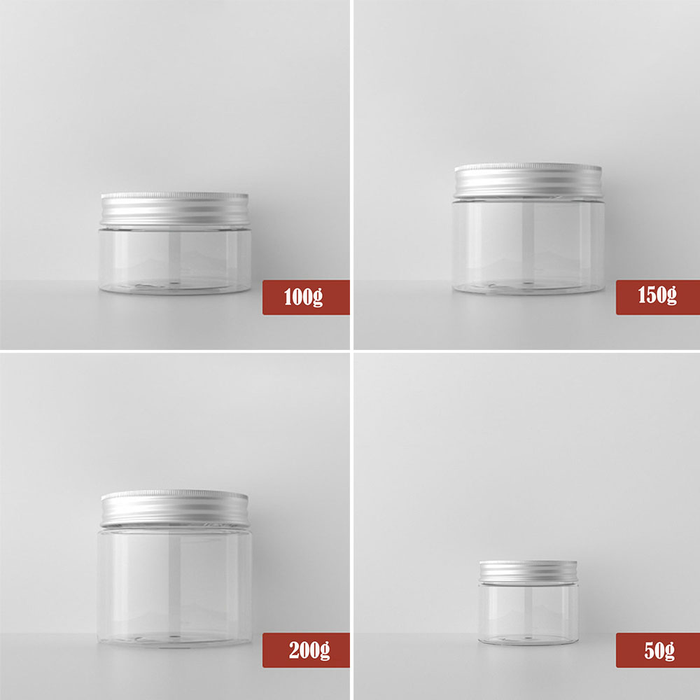 50g-250g Plastic Transparent Aluminum Cover Empty Makeup Jar Pot Refillable Sample Bottles Face Cream Lotion Cosmetic Container