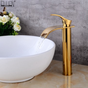 Gold Tall Bathroom Sink Faucet Waterfall Brass Vessel Basin Water Mixer Crane Hot and Cold Faucet Deck Mounted ELS1509G