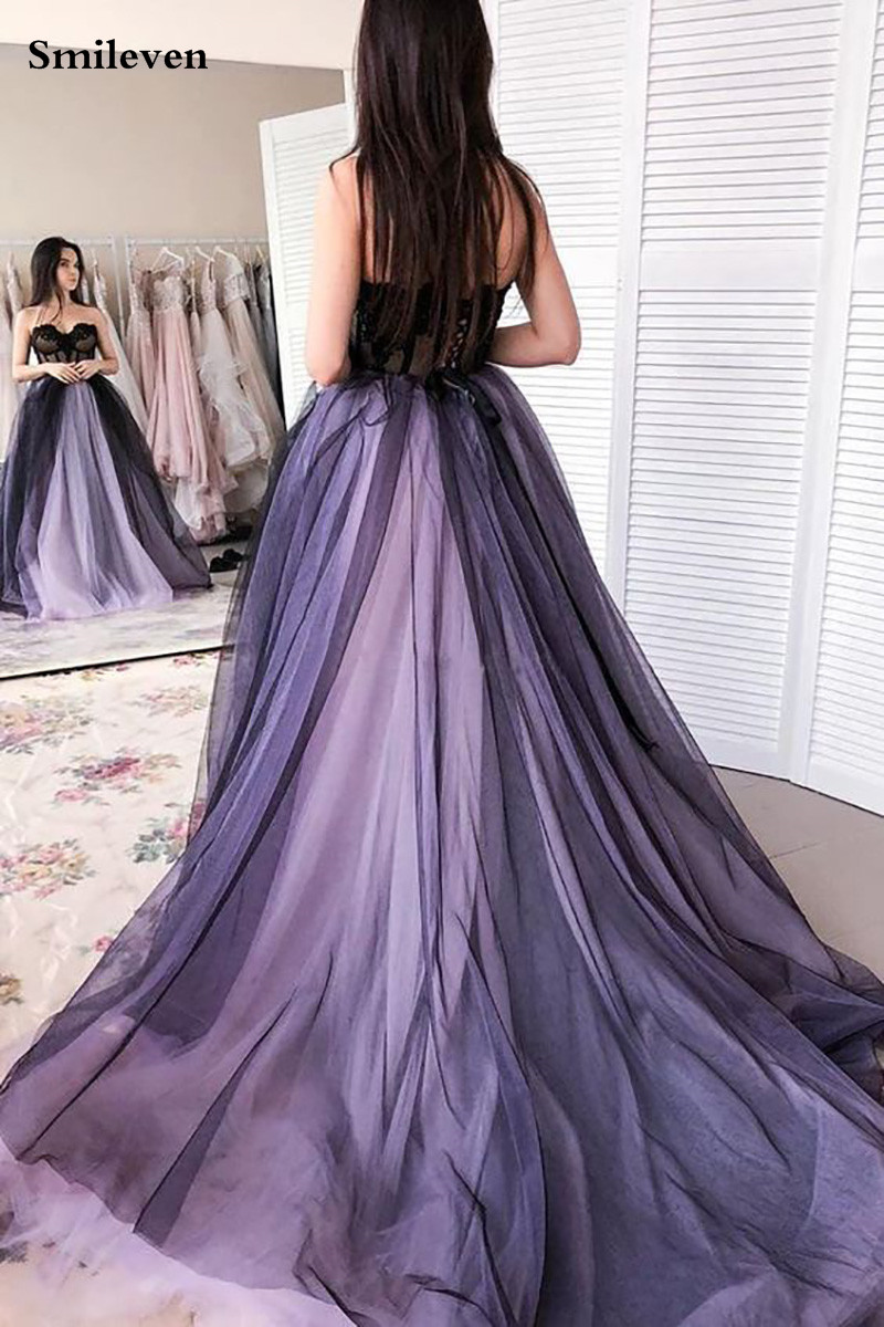 Smileven Lavender And Black Sweetheart Neck Prom Gowns Lace Applique Evening Party Gowns Tulle Long Cocktail Dresses