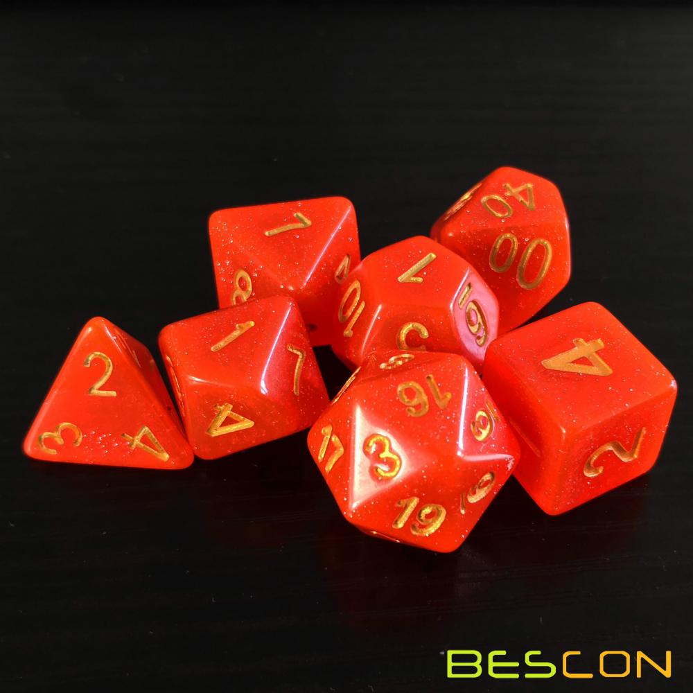 Bescon Intensive Glitter DND Dice 7pcs Set ROYAL RED, Novelty Glitter RPG Dice Set d4 d6 d8 d10 d12 d20 d%, Brick Box Packaging