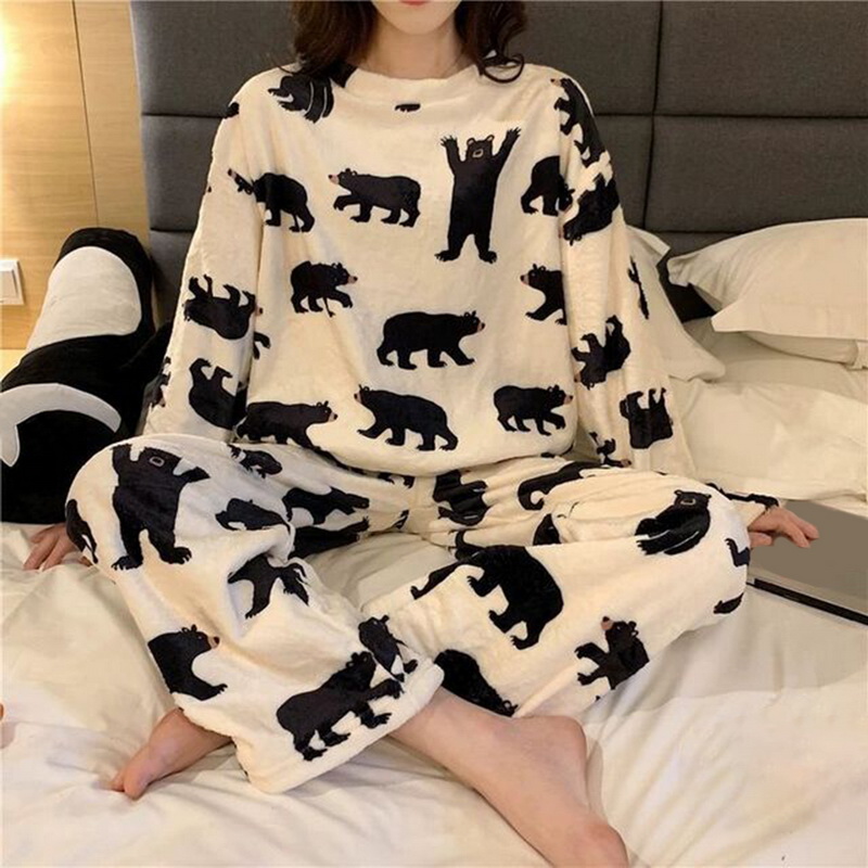 2020 Autumn Winter Flannel Pyjamas Sets Warm Women Thick Coral Velvet Long Sleeve Cartoon Sleepwear Flannel Pajamas Set Girl