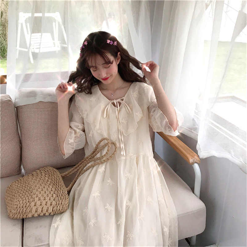 HziriP Hot Sale Apricot Chiffon Peter Pan Collar Embroidery 2020 Chic Sweet Fresh Girls Fairy Butterfly High Quality Dresses