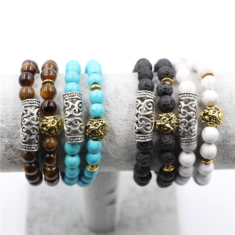 2 piece strands lava stone lion head bead bracelet set for men and women adjustable 8mm beads