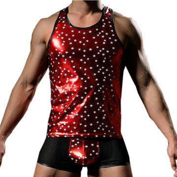 Fashion Faux Leather Men Sexy Star Printed Fitness Tank Tops Gay Male Sleeveless Vest 2017 New Arrival Summer