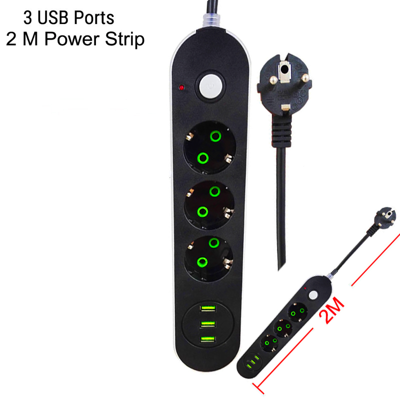 EU Plug Power Strip Socket 3 Outlet 3Port USB Multi Cable Extension Cord Outlet Socket 2M/3M