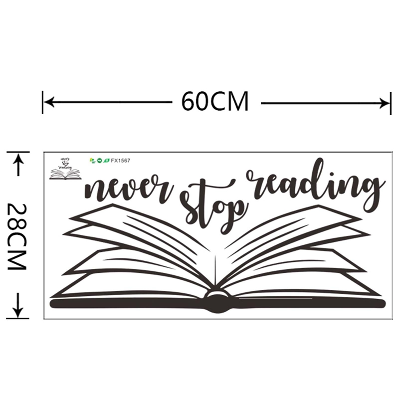 Never Stop Reading Quote Wall Stickers Vinyl Wall Decal Open Book Reading Room Library Decor Removable Murals Wallpaper