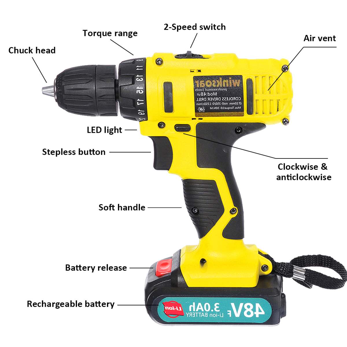 48V Electric Screwdriver Cordless Drill Rechargeable Li-Ion Battery Operated Handheld Drill Battery Charging 2 Speed Power Tools