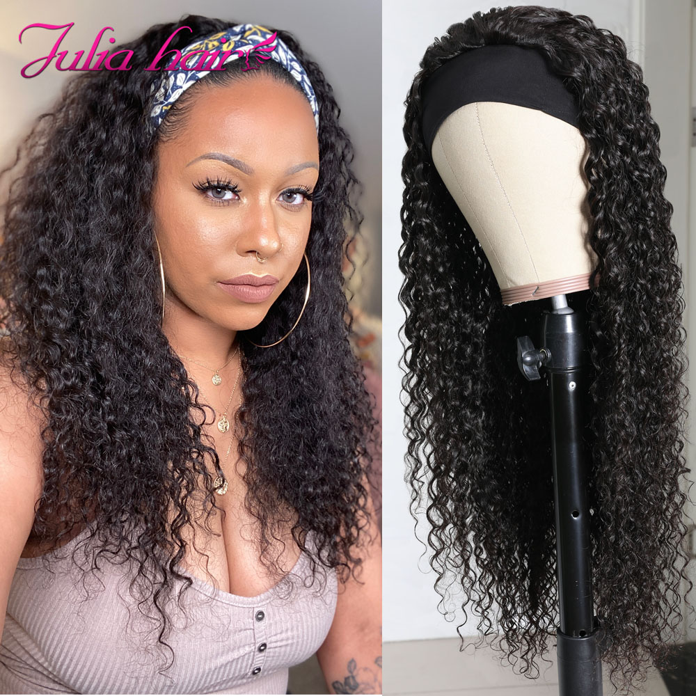 Julia Malaysian Curly Headband Wig Human Hair 8"-28" Glueless Headband Scarf Wig No Gel Jerry Curl Human Hair Wig with Headband