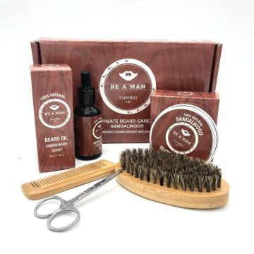 5Pcs/Set Man Beard Care Kit Beard Oil,Beard Cream ,Wood Comb, Brush ,Scissor with Man Face Grooming Set