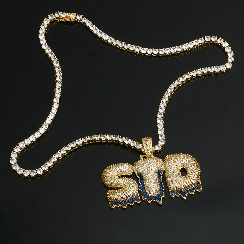 Custom Name Necklace Bubble Letters Pendants Hip Hop Men's Zircon Jewelry With Gold Silver 4MM Tennis Chain Rope Chain