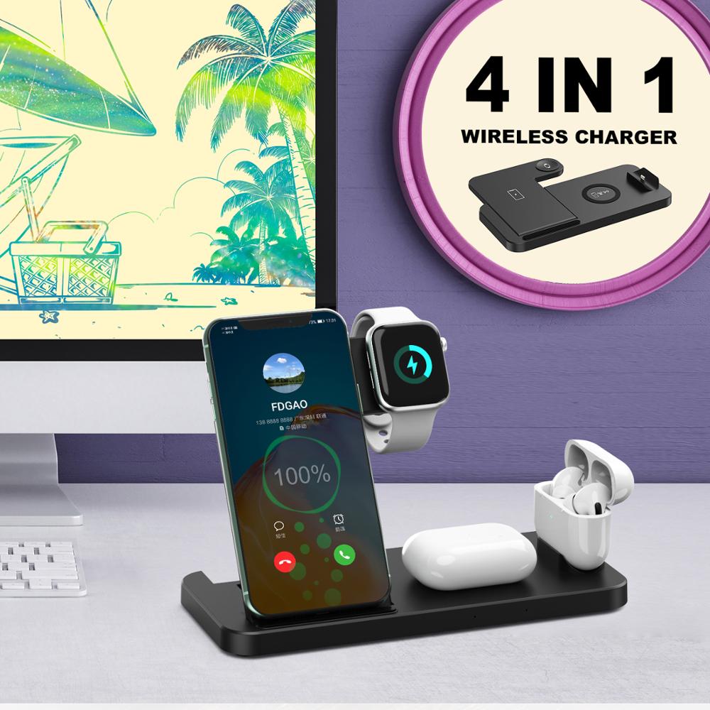 FDGAO 15W Qi Wireless Charger Stand Dock For iPhone 12 11 X XR XS Apple Watch SE 6 5 4 3 2 Airpods 4 IN 1 Fast Charging Station