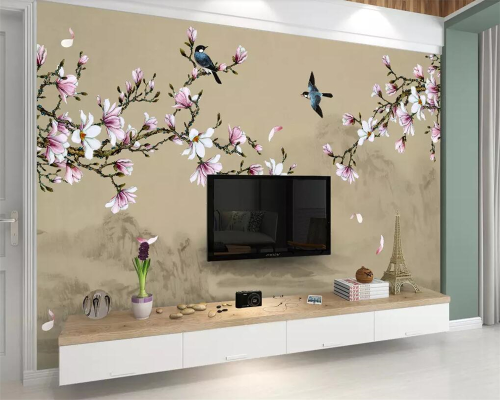 Beibehang Wallpaper mural magnolia hand-painted meticulous flower and bird TV background wall decorative painting 3d wallpaper