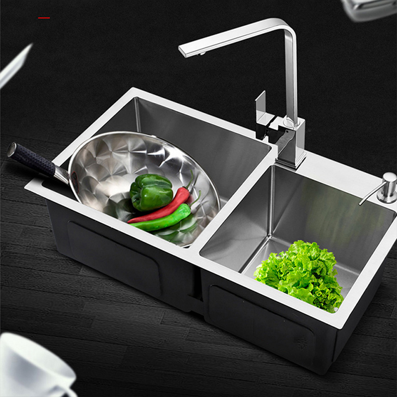 FOHEEL Kitchen Sink Double Bowl Above Counter Or Undermount Handmade Brushed Stainless Steel Kitchen Sinks Wastafel FKS02-1