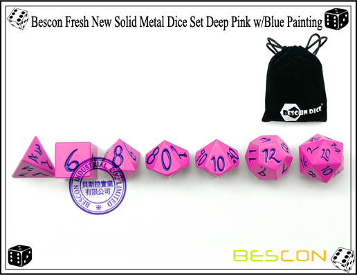 Bescon Fresh New Solid Metal Dice Set Deep Pink with Blue Painting-3