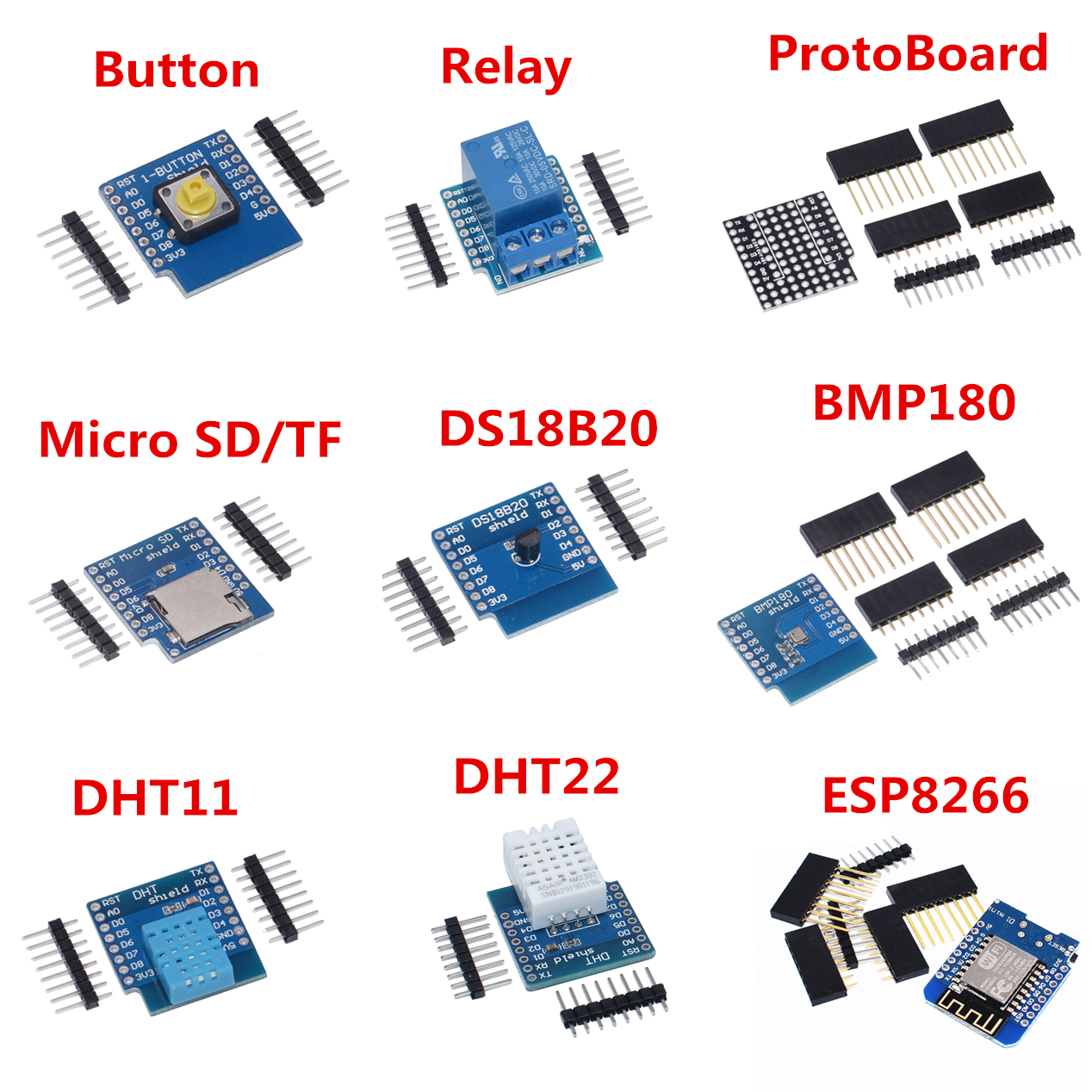 ESP8266 D1 Mini Pro WiFi Development Board NodeMcu WS2812 RGB DHT11 DHT22 AM2302 Relay DS18B20 BMP180 Motor for WeMos DIY Kit