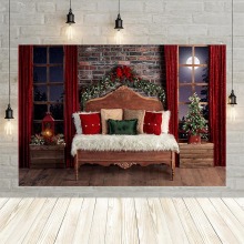 Avezano Christmas Photography Background Indoor Bed Brick Wall Window Red Curtain Wood Floor Portrait Backdrop for Photo Studio