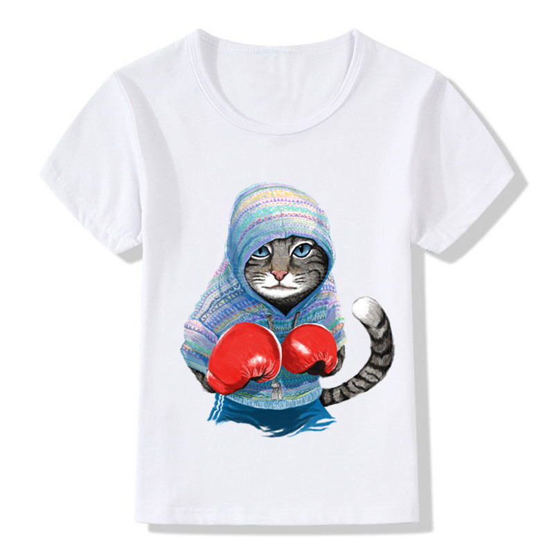 Children Summer Super Cool Boxing Cat Attack Design Funny T-Shirt Kids Baby Cartoon Clothes Boys Girls Casual Tops Tees,ooo5043