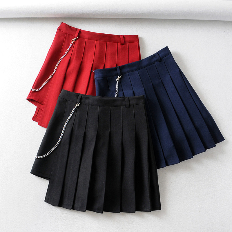 InsGoth High Waist Pleated Mini Skirts Women Harajuku Gothic Solid Sexy Skirts Skirts College Style Punk Chain Patchwork Skirt