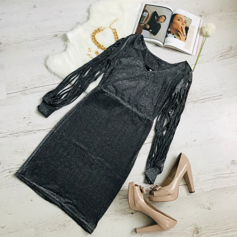 2019 New Evening Dress Sequins Formal Party Dress V-Neck Sparkling Tassel Long-Sleeved Slim Bag Hip Dress