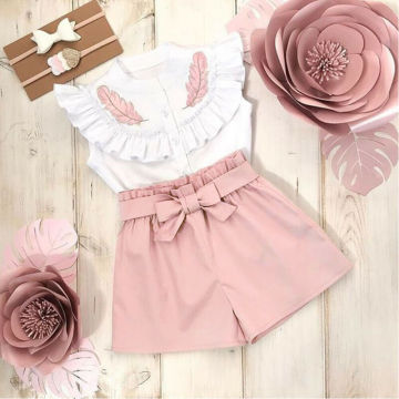 Lovely Kid Baby Girls Feather Clothes Sets Summer Sleeveless Tops Bandage Shorts 2pcs Outfits Fashion Clothing 2-6Years