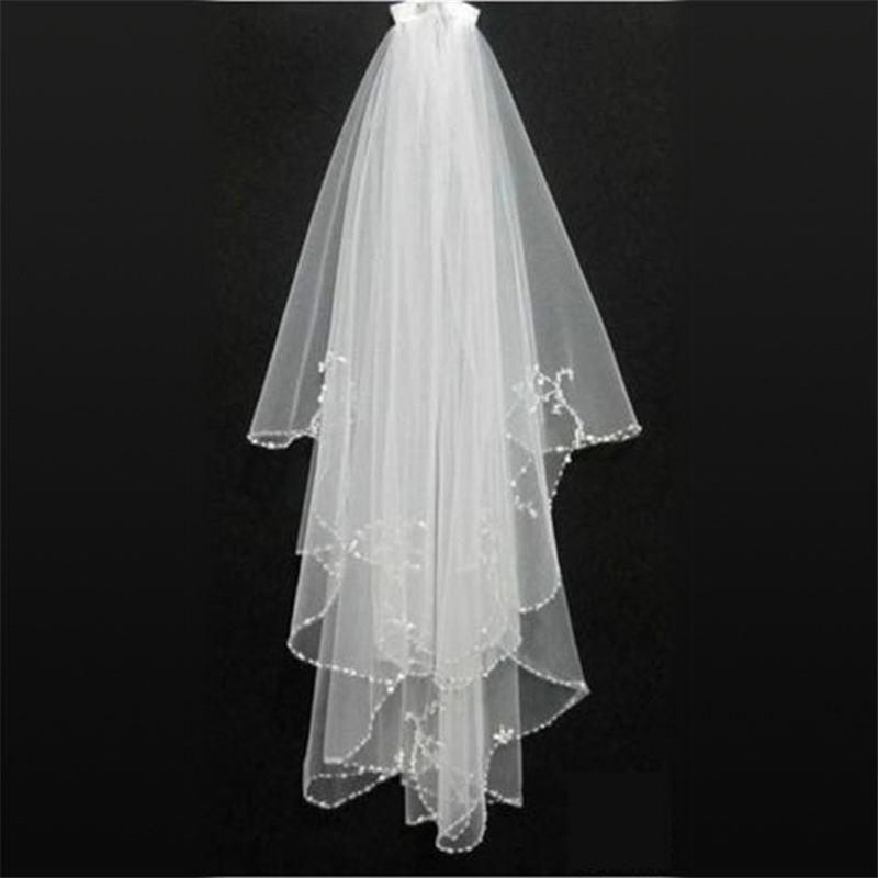 Bridal Veil Two Layers Women's Flower Beaded Lace Pearls Wedding Veils Short Bride Veil With Comb Veil velo de novia White Ivory