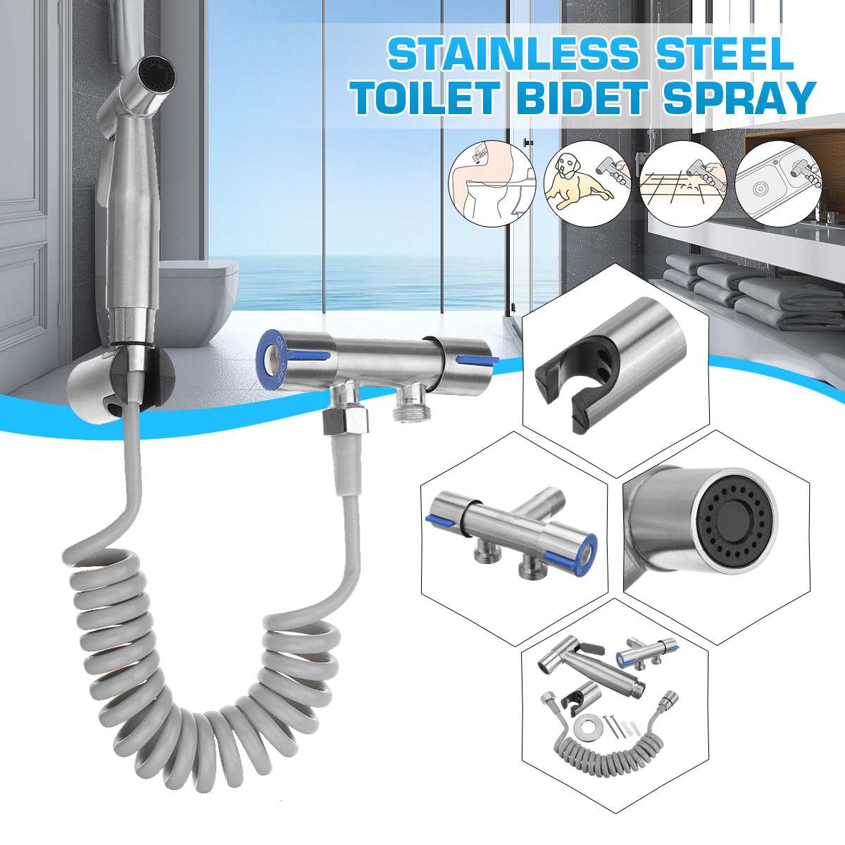 Faucet Handheld Toilet Bidet Sprayer Set Stainless Steel Hand Bidet Kit for Bathroom Sprayer Shower Head Self Cleaning