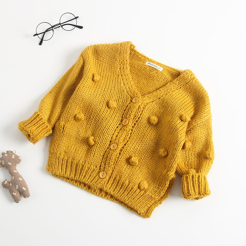 Autumn Winter Infant Kids Baby Girls Sweater Coats Warm Knitting Long Sleeve Hairball V Neck Sweaters Outfits Outwear