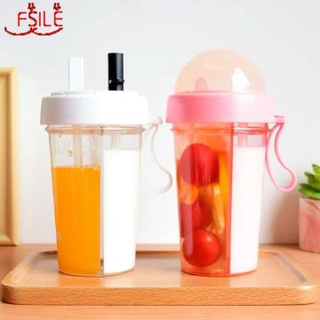 FSILE Fashionable Simple Double Drinking Cup Double Straw Cup Water Cup Couple Cup Dual Purpose Kettle Student Net Red Cup