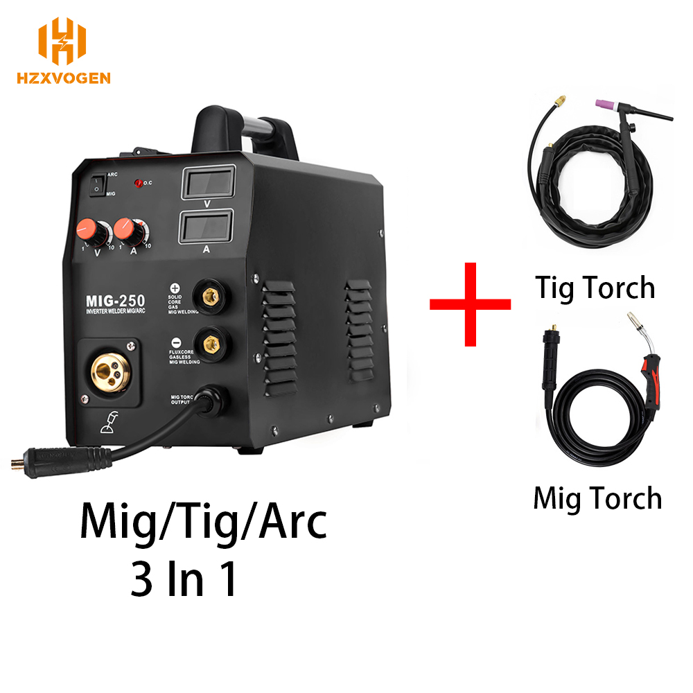 220V HZXVOGEN Welding Machine MIG250 MIG TIG ARC 3 in 1 Mig Welder With 10-25mm Qucik Connector WP17V TIG Torch For Soldering