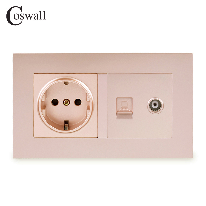 Coswall Simple Style PC Panel EU Russia Spain Wall Socket + Female TV Connector With CAT5E RJ45 Internet Data Computer Jack