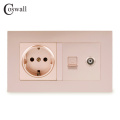 Coswall Simple Style PC Panel EU Russia Spain Wall Socket + Female TV Connector With CAT5E RJ45 Internet Data Computer Jack