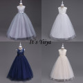 It's YiiYa Flower Girl Dress Elegant O-neck Lace Bow Kid Party Gowns Wedding Gray White Champagne Long Dresses For Girls 9999