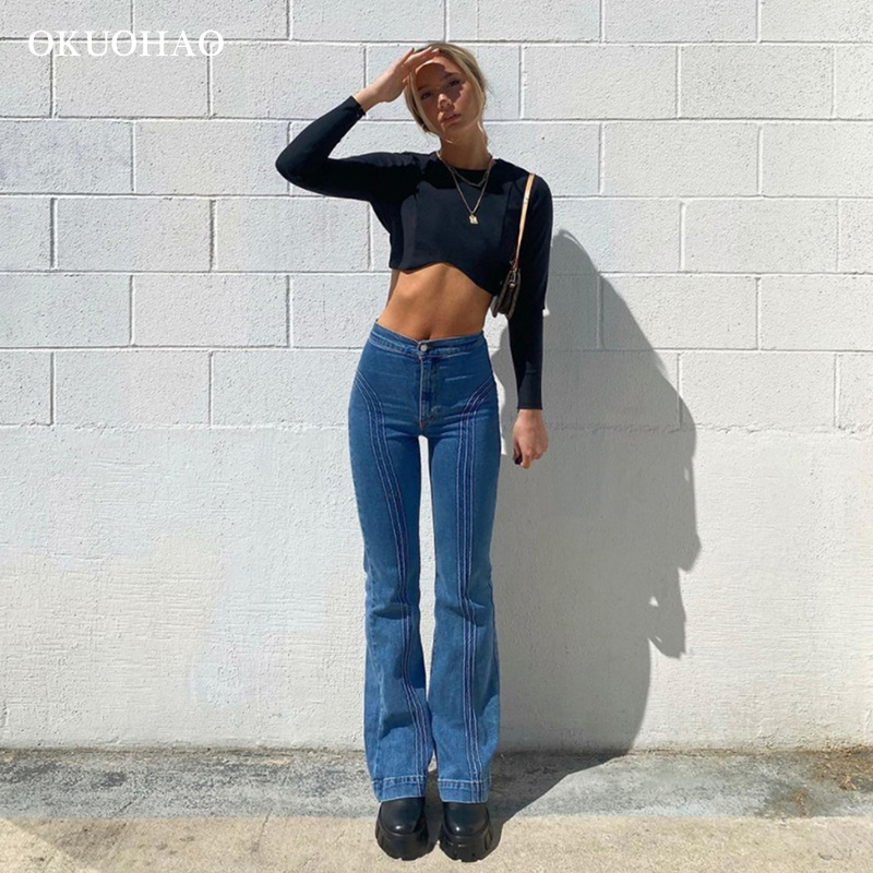 Okuohao High Waist Jeans Women 2021 Spring New Streetwear Loose Casual Flared Female Pants Line Design Fashion Washed Trousers