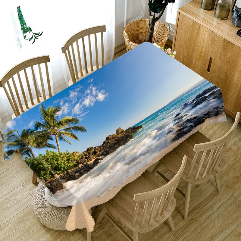 3D Beach Waves Pattern Coconut Tree Tablecloth Dustproof Thicken Cotton Rectangular/Round Table Cloth for Wedding Picnic Party