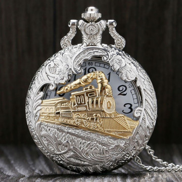2020 New Train Locomotive Engine Pattern Hollow Cover Design Pocket Watch Necklace Pendant Chain Unisex Gifts Clock Cep saati@50