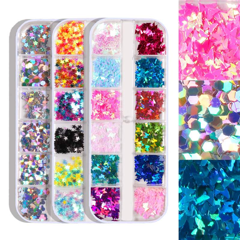 CHNRMJL 12Grids/Set Nail Glitter Sequins 32 Styles Nail Powder Flake Paillette Tips DIY 3D UV Gel Nails Art Decorations Tool Kit