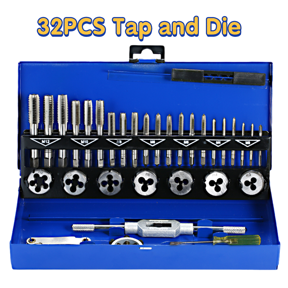 32 PCS HSS Tap and Die Set Metric Wrench Cut M3-M12 Tap and Die Set Metric Hand Threading Tool Set Engineer Kit with Metal Case