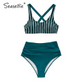 SEASELFIE Sexy Tank Top High Waisted Bikini Sets Swimwear Women Swimsuits Bathing Suit 2021 Dark Green Striped Bikinis Beachwear