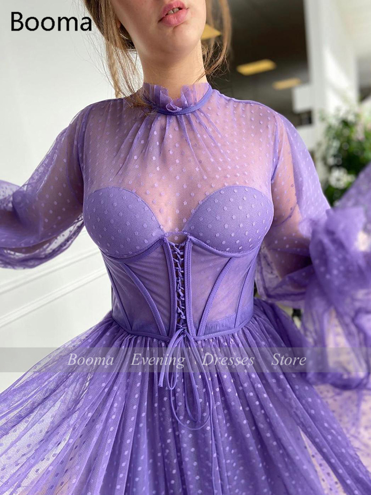 Purple O-Neck Corseted Prom Dresses Long Sleeves Dotted Tulle Tea-Length Evening Dresses Exposed Boning A-Line Party Dresses