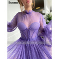 Purple O-Neck Corseted Prom Dresses Long Sleeves Dotted Tulle Tea-Length Evening Dresses Exposed Boning A-Line Party Dresses
