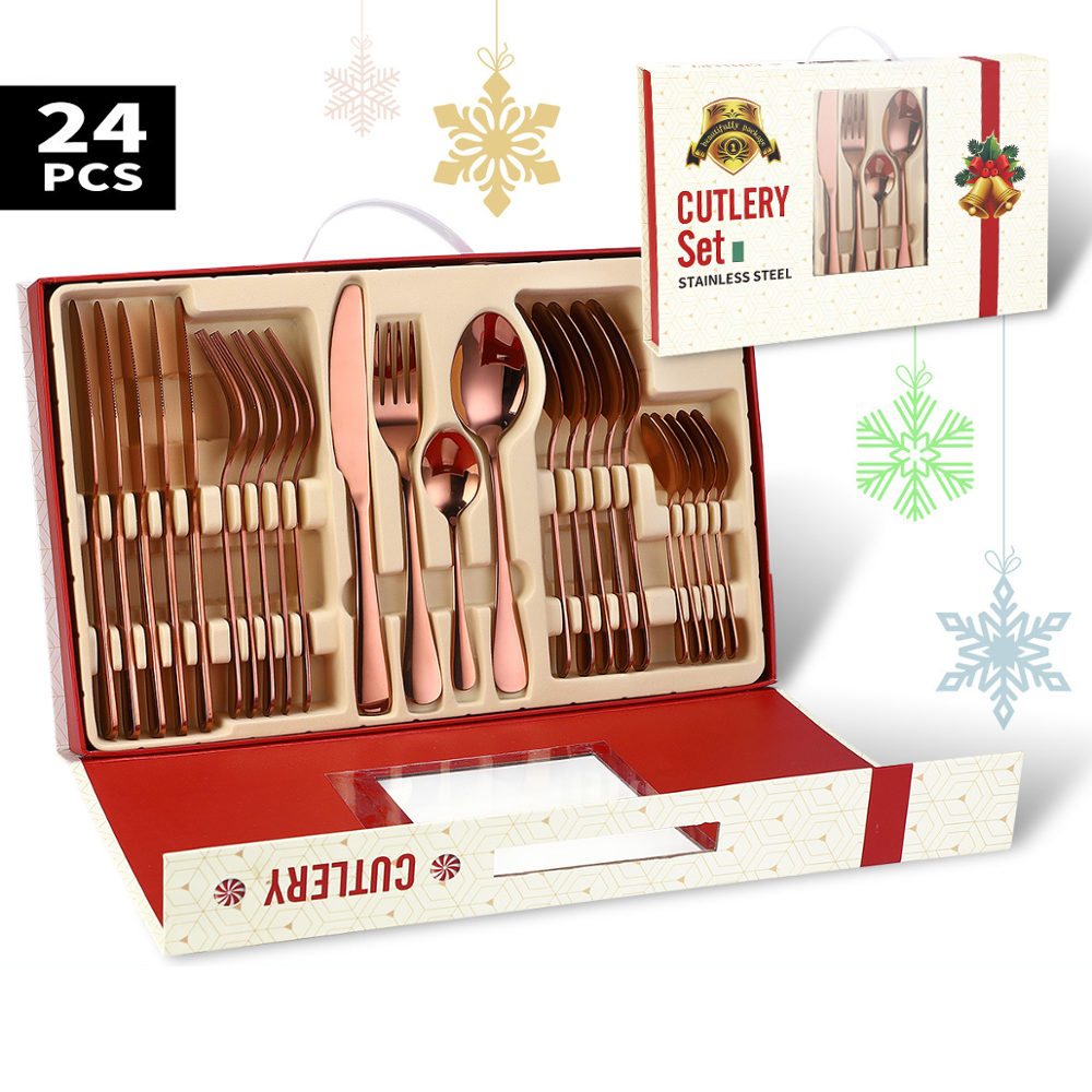 24PCS Gold Dinnerware Set Christmas tableware Gift Box Stainless Steel Tableware Set Knife Fork Spoon Dishwasher Flatware Set