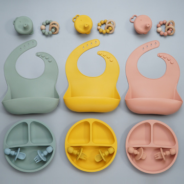 6pcs Gift Set BPA Free Food Grade Baby Silicone Bib Fork Spoon Dishes Plate Bowl Baby Feeding Supplies Newborn Accessories