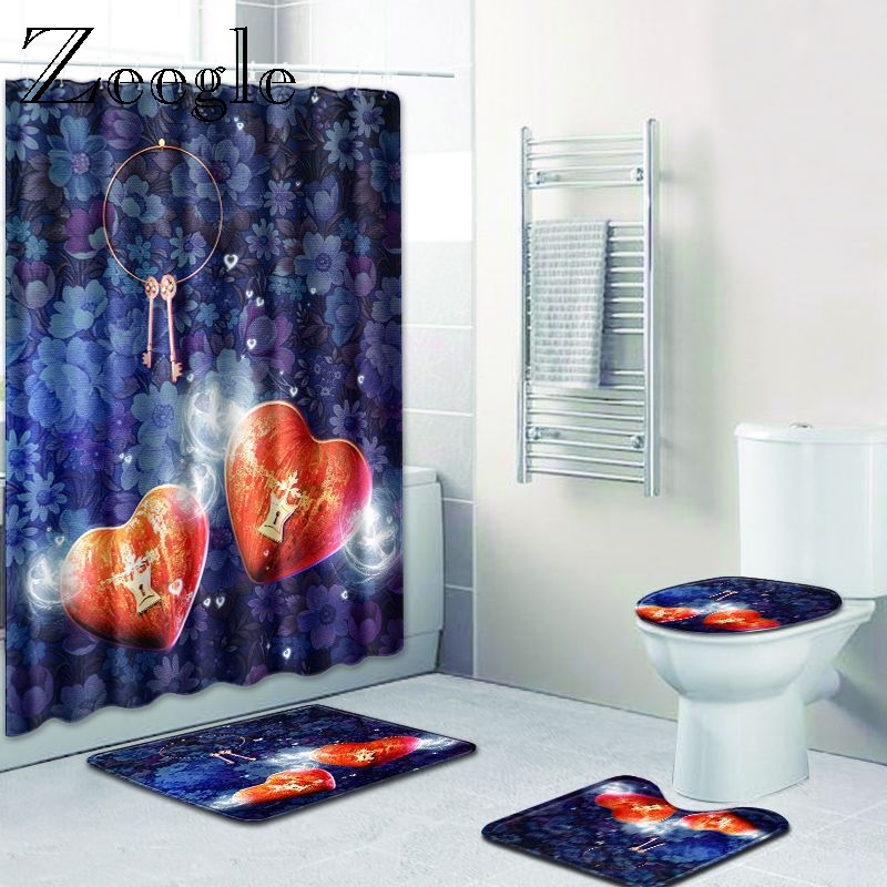 Zeegle Floral Pattern Bathroom Shower Curtain and Bath Rug Set Anti-slip Toilet Mat Floor Pad Bath Rugs Purple Foot Mat