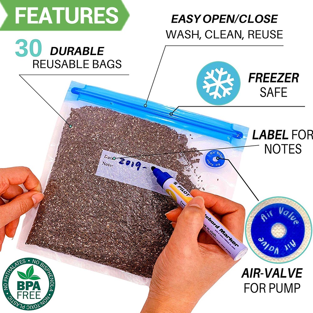 Reusable Vacuum Bags For Freezing Food Storage Seal Bags Fresh Keeping Seal Pack Kitchen Organizer Manual Vacuum Pump Machine